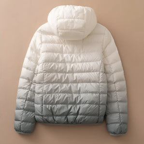 Beige lightweight gradient insulated quilted puffer jacket with sleeves and a high collar, designed for comfort and warmth.