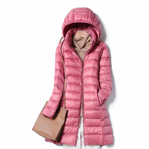Lightweight women's pink hooded down jacket in rose color, size 5XL, featuring a collar and long sleeves. Made from eco-friendly materials.
