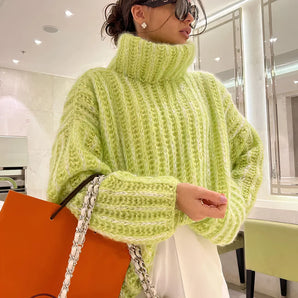 Lime green chunky knit oversized turtleneck sweater for women, featuring long sleeves and a cozy design in size XL.