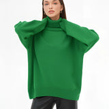 A person wearing a lime green chunky knit turtleneck sweater. The sweater features long sleeves and a cozy, textured design, ideal for winter fashion. The person is shown from the shoulders up, emphasizing the sweater's turtleneck detail.