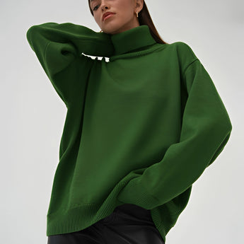 Lime green chunky knit turtleneck sweater in dark green, showcasing a cozy and fashionable winter design. The image highlights the sweater's long sleeves, high neck collar, and textured knit pattern, providing a comfortable fit.