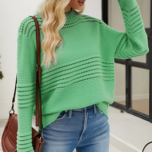 Lime Green Ribbed Open Stitch Crewneck Sweater - Women's Street Style