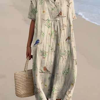 Women's linen bird print V-neck midi dress designed as casual beachwear kaftan, shown in a dressing gown style with 3XL size, featuring long sleeves and a patterned fabric suitable for a stylish, relaxed look by the water.