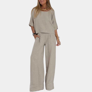 Beige linen jumpsuit for women, featuring a casual wide-leg design and high waist, suitable for summer wear in a gray color, size XL.