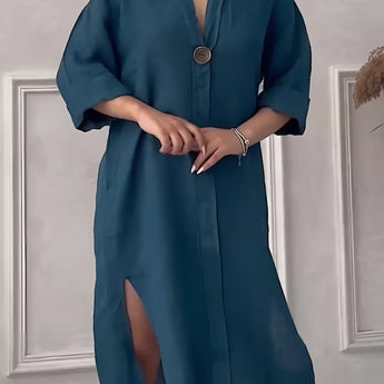 Peacock blue linen midi dress featuring a button-down front, three-quarter sleeves, and a neutral undertone, designed for a size 5XL.
