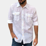 
A white linen shirt for men in a relaxed-fit style, featuring long sleeves with a collar, suitable for casual and lightweight summer wear. The shirt is displayed in size 3XL.