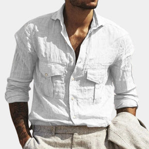 White linen shirt for men featuring a relaxed-fit design, with long sleeves and a classic collar, ideal for casual summer wear.