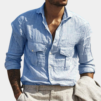 Men's white linen shirt with a casual style, featuring a relaxed fit, a classic collar, and long sleeves.
