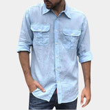 Blue linen shirt for men in a relaxed-fit style, featuring a casual lightweight design suitable for summer wear; includes a collar and sleeves, shown in size 3XL.