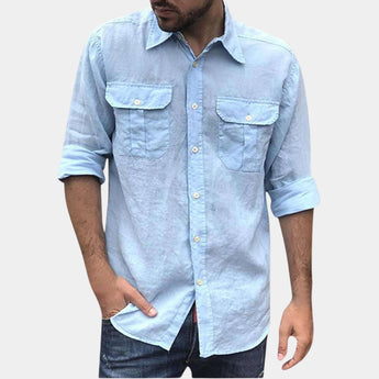 Blue linen shirt for men in a relaxed-fit style, featuring a casual lightweight design suitable for summer wear; includes a collar and sleeves, shown in size 3XL.