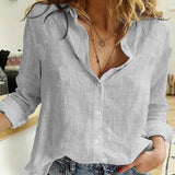 Gray linen blouse for women with a casual V-neck design, featuring long sleeves and a relaxed fit, suitable for summer wear.