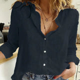 Black linen blouse for women in size 5XL with a casual V-neck design, featuring short sleeves and a lightweight fabric suitable for summer.