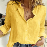 Yellow linen blouse with a V-neck design, featuring short sleeves and a casual fit suitable for summer wear, displayed in a 5XL size.