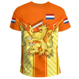 Orange t-shirt featuring a heraldic lion graphic with swords in a fantasy style, short sleeves, and a crew neck collar.