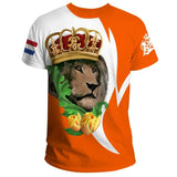 Orange T-shirt featuring a heraldic lion with swords graphic, fantasy-themed apparel.