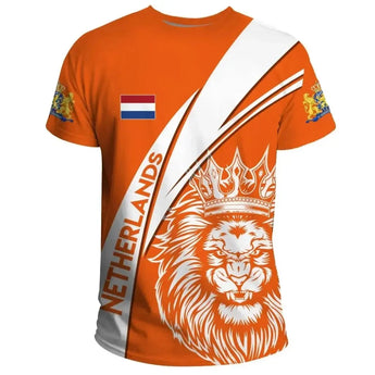 Orange t-shirt featuring a heraldic lion graphic with crossed swords, short sleeves, and a round collar.