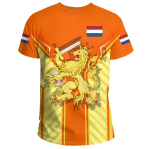 Orange heraldic lion with swords graphic T-shirt, fantasy apparel, short sleeves, crew neck, casual wear.