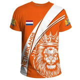 Orange T-shirt featuring a heraldic lion graphic with swords, fantasy-themed apparel, short sleeves, and a round collar.