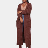 Long black ribbed oversized knit cardigan for women, featuring full-length sleeves and a relaxed fit, styled in a brown color in size 2XL, suitable for winter wear.