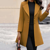 Long black slim fit women's coat with elegant design, featuring a structured shoulder, full-length sleeves, and a defined waistline, suitable for winter wear.