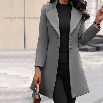 Elegant long black slim fit women's coat in gray, featuring a classic overcoat design with a stylish collar, full-length sleeves, and tailored waist, perfect for winter.