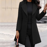 Long black slim fit women's coat in size 3XL, featuring a stylish design with a defined waist, structured shoulders, and a classic collar, perfect for elegant winter wear.