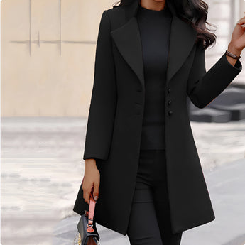 Long black slim fit women's coat in size 3XL, featuring a stylish design with a defined waist, structured shoulders, and a classic collar, perfect for elegant winter wear.