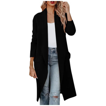 Black long camel coat for women in size 2XL featuring a waterfall open front design, suitable as a stylish autumn jacket with a sleek collar and long sleeves.