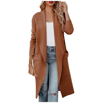Long camel coat for women in a waterfall open front design, shown in a brown color and size 2XL. The coat features a stylish and elegant autumn look with a focus on the shoulder, arm, neck, sleeve, and waist areas. The fabric appears to be a soft textile in a beige shade, adding to the overall fashionable appearance. A bag is visible in the image, complementing the outfit.