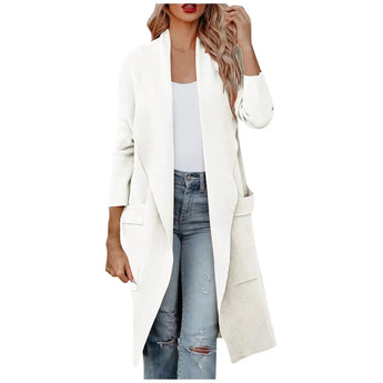 Long camel coat for women with a waterfall open front design, featuring a stylish trench style suitable for autumn, shown in a size 2XL with a white color variant. The coat includes a collar, long sleeves, and is worn over a dress shirt, accessorized with a bag, embodying a fashionable and elegant appearance.