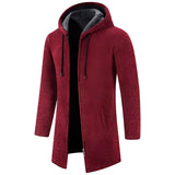 Men's slim fit winter outerwear in red, featuring a long grey hooded thermal coat with a tailored design and full-length sleeves.