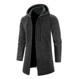 Men's slim fit long grey hooded thermal coat in light gray, featuring a high collar, full sleeves, and a sleek overcoat design, suitable for winter wear.