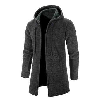 Men's slim fit long grey hooded thermal coat in light gray, featuring a high collar, full sleeves, and a sleek overcoat design, suitable for winter wear.