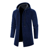 Men's long grey hooded thermal coat in a slim fit style, featuring a marine blue color option in XXL size. The coat has a sleek design with a collar and long sleeves, suitable for winter wear.