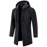 Men's slim fit long thermal coat in grey with a hood, featuring a sleek design and tailored sleeves, suitable for winter wear.