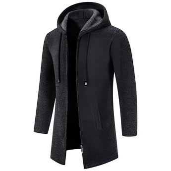 Men's slim fit long thermal coat in grey with a hood, featuring a sleek design and tailored sleeves, suitable for winter wear.
