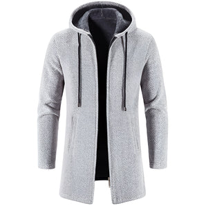 Long grey hooded thermal coat for men, slim fit winter outerwear, in dark gray color, size XXL, featuring a sleek design with buttons, long sleeves, and a collar.