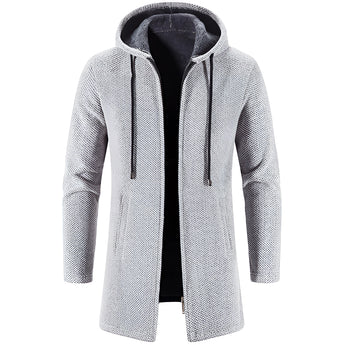 Long grey hooded thermal coat for men, slim fit winter outerwear, in dark gray color, size XXL, featuring a sleek design with buttons, long sleeves, and a collar.