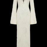 Long sleeve white crochet midi dress in a bohemian style, suitable as a beach cover-up, featuring intricate crochet patterns and a relaxed, elegant fit.