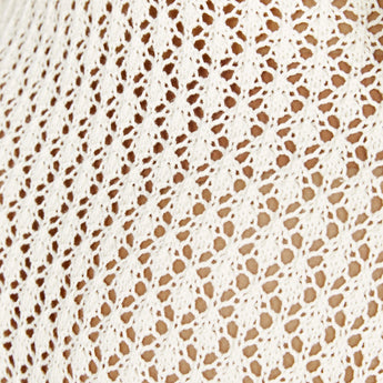 Long sleeve white crochet midi dress with a bohemian beach cover-up style, featuring intricate crochet patterns and a flowing, lightweight design.