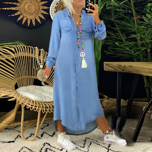 Long sleeve women's button-up denim maxi dress in blue with pockets, shown in size 5XL.