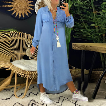 Long sleeve women's button-up denim maxi dress in blue with pockets, shown in size 5XL.