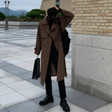 A stylish long white men's double-breasted winter coat with a classic collar, suitable for urban fashion, shown in a coffee color and 3XL size.