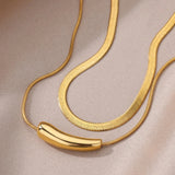 Luxurious double layer gold necklace featuring minimalist design, versatile choker style with delicate interlinked chains and circular pendants.