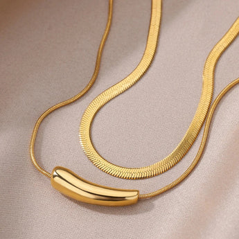Luxurious double layer gold necklace featuring minimalist design, versatile choker style with delicate interlinked chains and circular pendants.