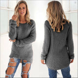 A luxurious women's fluffy gray sweater in size 3XL, featuring a soft texture and an elegant design with a focus on the shoulder and neck areas, suitable for winter fashion.
