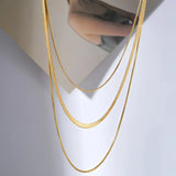 Luxury 18K gold plated snake chain necklace, sleek and elegant, displayed on a neck.