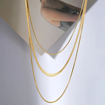 Luxury 18K gold plated snake chain necklace, sleek and elegant, displayed on a neck.