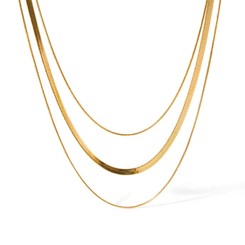 Luxury 18K gold plated snake chain necklace, sleek and elegant design, shown on a white background.