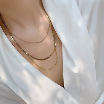Luxury 18K Gold Plated Snake Chain Necklace displayed on a women's neck, showcasing its sleek and elegant design.